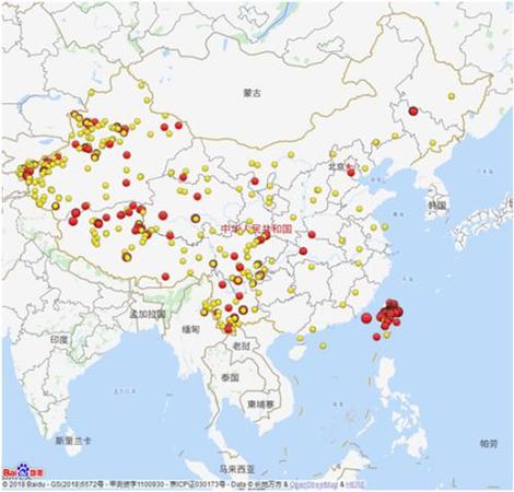 2018年全国3级及以上地震分布图(四级以上红色标注)。图片来源：中国地震台网微信公众号
