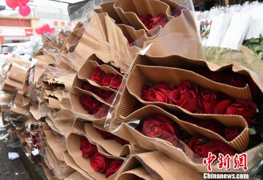图为鲜花市场的商家提前备好玫瑰花迎接情人节。　周毅 摄