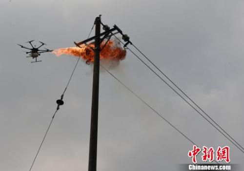 国网重庆永川供电公司工人自制无人机喷火清障装置消灭高空电线上的马蜂窝。　周毅 摄