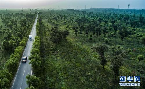 汽车行驶在陕西榆林市靖边县东坑镇新建村的道路上（2018年8月1日无人机拍摄）。新华社记者 陶明 摄