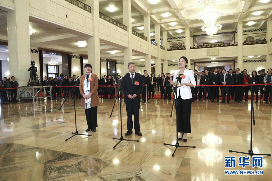 3月15日，十三届全国人大二次会议在北京人民大会堂举行闭幕会。这是全国人大代表支月英、蔡昉、王欣会（从左至右）在“代表通道”接受采访。 新华社记者殷刚摄