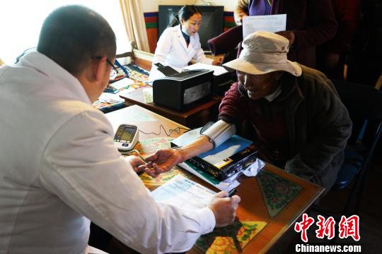 图为4月10日，来自西藏阜康(国际)健康体检中心的彭医生(左)为83岁的尼姑旦量血压。　张伟 摄