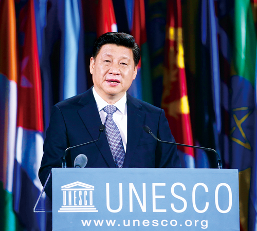 2014年3月27日，国家主席习近平在巴黎联合国教科文组织总部发表重要演讲。 新华社记者 姚大伟 摄