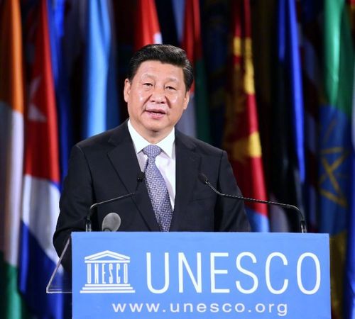 2014年3月27日，国家主席习近平在巴黎联合国教科文组织总部发表重要演讲。新华社记者姚大伟摄