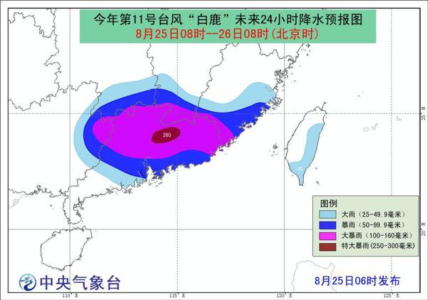 图2今年第11号台风“白鹿”未来24小时降水预报图
