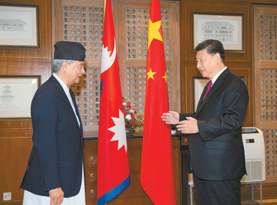 10月12日，国家主席习近平在加德满都下榻饭店会见尼泊尔大会党主席德乌帕。
