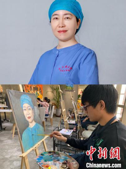 画师正在以宁夏援湖北医疗队队员、宁夏医科大学总医院重症学科主任杨晓军为原型进行油画创作。　李佩珊 摄