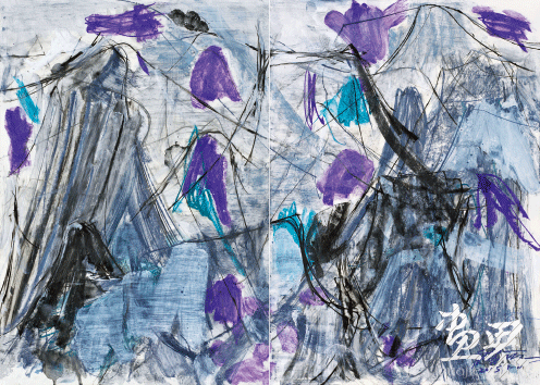 山水赋之二十二（卡纸上色粉笔、水彩、铅笔及蜡纸拼贴等）150×93cm-2015年-顾黎明