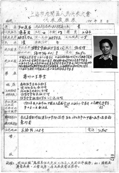 汤蒂因的中国民主建国会上海市委员会1964年代表大会代表登记表